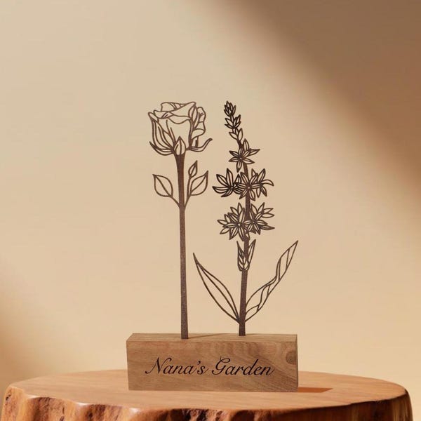 Custom Wooden Birth Flower Garden: Engraved Keepsake Gift for Mom, Wood Birth Flower For Mom, Christmas gifts, Home Decor, Birthday Gift