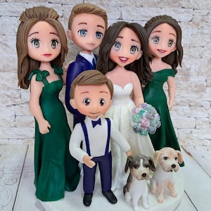 Family wedding cake topper, Bride and groom with kids and pets, Personalized family cake topper for wedding, Family figurine with dog