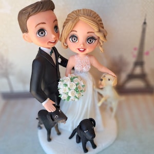 Custom bride and groom cake topper, personalized sculptures for wedding, dogs cake toppers, bride and groom with dogs, pets wedding topper