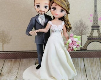 Benutzerdefinierte Hochzeitstorte Topper Figur, personalisierte Braut und Bräutigam, handmodellierte Tonhochzeits-Andenken, einzigartiges Paar-Kuchendeckel