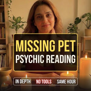 以下が含まれることがあります： 太い黄色と白の文字で「MISSING PET PSYCHIC READING」と書かれたデジタル画像。その下には「IN DEPTH」「NO TOOLS」「SAME HOUR」というテキストが表示された小さな枠があります。背景には赤茶色の髪の人物が写っています。