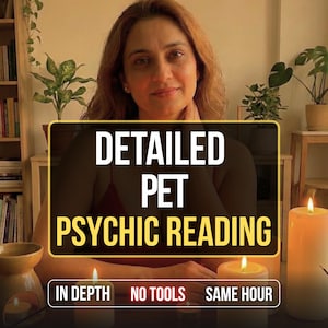 May include: A digital graphic overlay featuring the text DETAILED PET PSYCHIC READING in white and yellow, with smaller text below reading IN DEPTH, NO TOOLS, and SAME HOUR. The background shows a person with reddish-brown hair and a dark top.