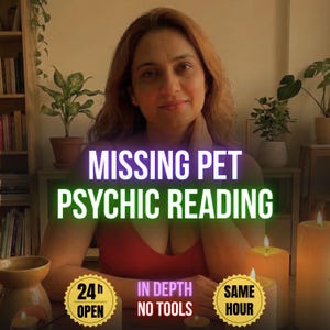 May include: A digital graphic featuring the text MISSING PET PSYCHIC READING in white and green. Below, two yellow circular badges display 24h OPEN and SAME HOUR. The text IN DEPTH NO TOOLS is centered between them, all set against a warm-toned background.