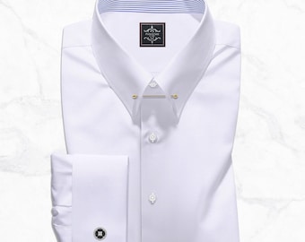 Men's White Giza Egyptian Cotton Pin Collar Dress Shirt, French Cuffs, Gold/Silver Bar