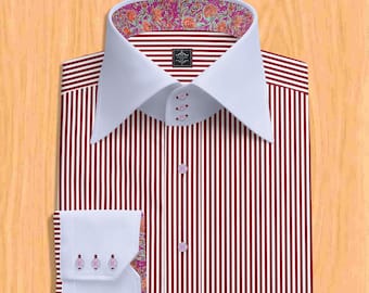 white and burgundy dress shirt Men's Stripe Shirt, Contrast Pin Collar, French Cuffs, Cotton *Iron while slightly damp
