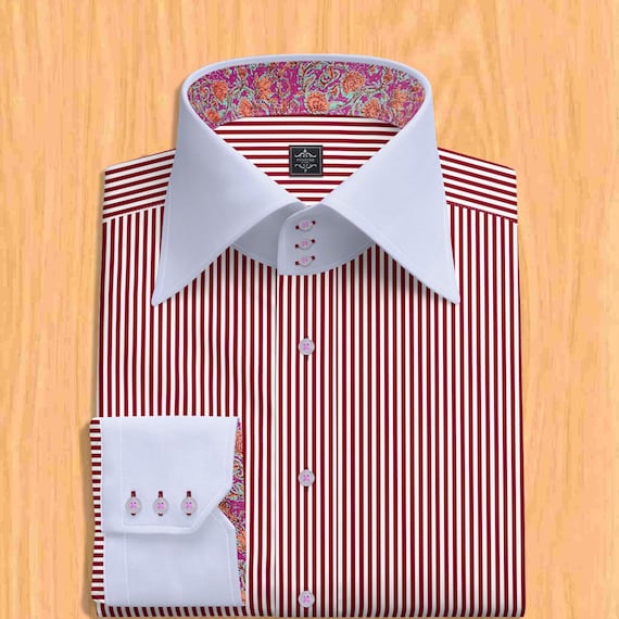 Burgundy & White Striped Giza Cotton Dress Shirt - High 4" White Collar, Floral Contrast Cuffs