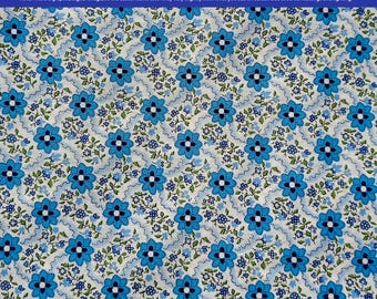 Blue Floral 100% Cotton Fabric, White Flower Print