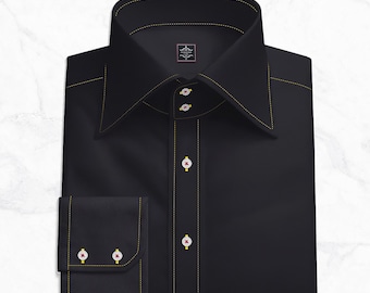 Black Giza Cotton Poplin Dress Shirt – Golden Contrast Stitching, Custom Fit