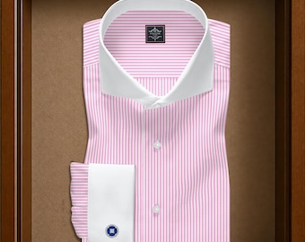 Handmade Luxury Pink Striped Giza Cotton Men's Dress Shirt, White Cutaway Collar, French Cuffs, Custom Bespoke Formal Shirt