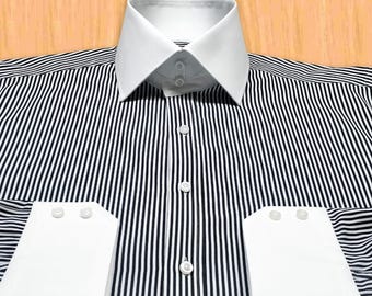Men’s Black and White Striped Dress Shirt in Giza Cotton with White Collar & Cuffs