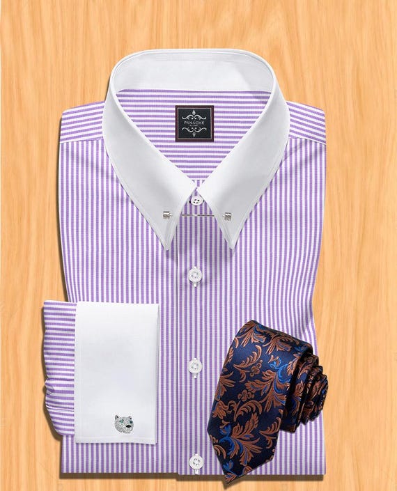 giza cotton dress shirts Giza Cotton Collar Bar Dress Shirt: Lavender Stripe, French Cuff