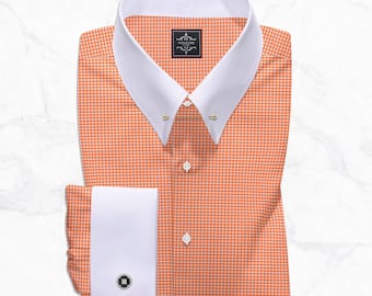 Orange Gingham Collar Bar Dress Shirt, White Pin Collar, French Cuffs, Cotton Blend