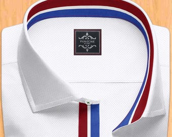 mens designer dress shirts white White with Blue Accent Designer Dress Shirt