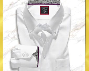 Camisa branca de botões em algodão Giza de luxo (popeline firme, contraste floral)