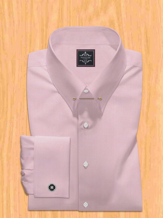 Pink Men's Dress shirts Pin Collar Luxury Herringbone: French Cuff Office Wear