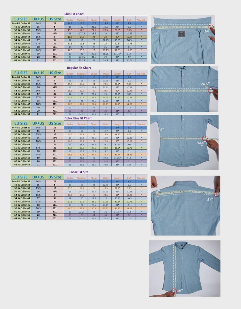 Men's slim fit, Trim fit, Regular Fit and Loose Fit Size guide