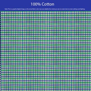 May include: A green, white, and navy blue checked fabric. The fabric is 100% cotton. The image is a graphic/digital image, so the actual fabric colour may vary slightly from what you see on screen due to screen settings and lighting.