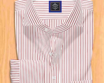 Red Pinstripe Giza Cotton Dress Shirt | French Cuff, Wide Spread Collar