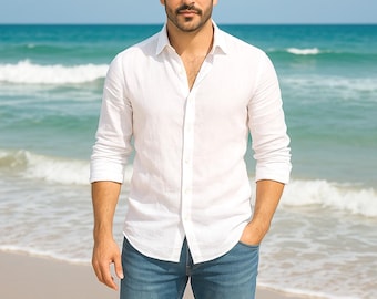 Camicia da uomo bianca in lino europeo – Leggera, ideale per matrimoni in spiaggia.