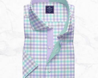 Men's Half Sleeve Giza Cotton Check Shirt, Pin Collar, Herringbone Weave, Multi-Color Plaid