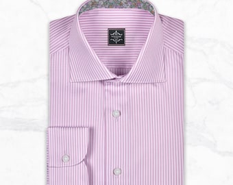 Pink Pin Stripe Giza Cotton Dress Shirt, Wide Spread Collar, French Placket