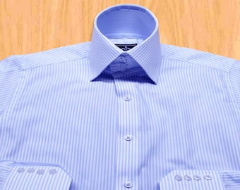 Giza Cotton High Collar Dress Shirt - Light Blue White Stripe - 4-Button Cuffs