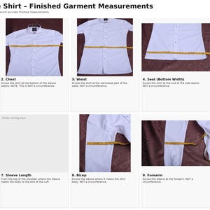 May include: A white dress shirt is laid flat on a brown surface, with a yellow measuring tape placed across various points. The image shows how to measure the collar, chest, waist, seat, shirt length, shoulder width, sleeve length, bicep, forearm, and cuff.