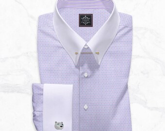 Camicia elegante da uomo in cotone egiziano color lavanda con colletto a spillo e polsini alla francese.