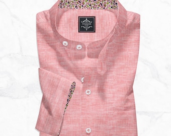 Men's Orange Italian Linen Half Sleeve Band Collar Shirt, Panache Bespoke Summer Top