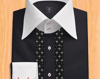 Camisa de vestir negra con cuello y puños blancos en contraste – Panel frontal geométrico