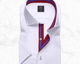 Camisa blanca de manga corta para hombre, algodón Giza de lujo, detalle de cuello en contraste.