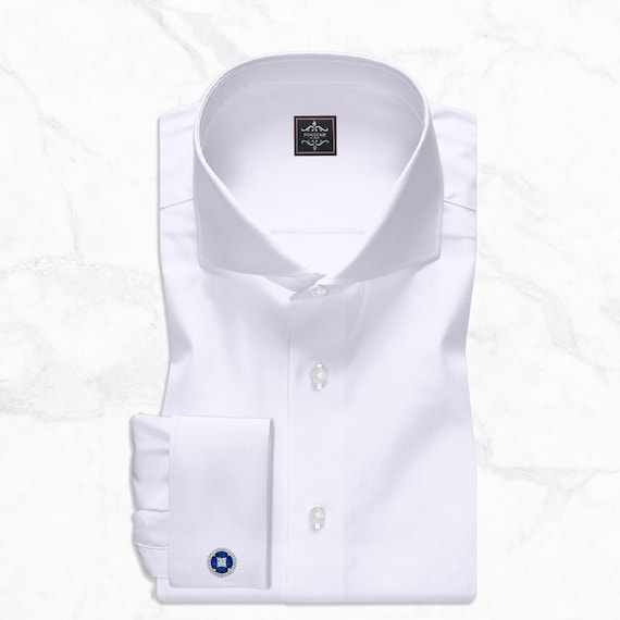 White Giza Cotton Poplin Dress Shirt, Cutaway Collar, French Cuffs, Formal Wedding Wear