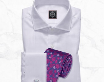 White Herringbone English Collar Long Sleeve Dress Shirts for Men | French Double Cuff Formal Wear | Birthday Gift