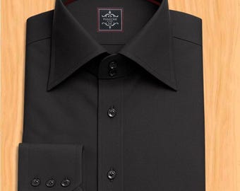 Luxury Cotton Big Collar Black Men's Dress Shirt: Wrinkle-Resistant, 3-Button Cuffs