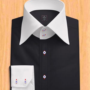 Men&#39;s Black Long Sleeve Dress Shirt – Giza Cotton Poplin, Contrast White Collar & Cuffs, Wrinkle-Resistant