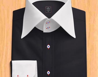 Men's Black Long Sleeve Dress Shirt – Giza Cotton Poplin, Contrast White Collar & Cuffs, Wrinkle-Resistant