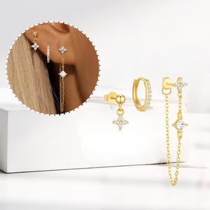 Triple Piercing Set • MultiEar Cartilage Earrings • Dainty Studs & Floating Chain • Stacked Ear Hoops • Hypoallergenic Jewelry