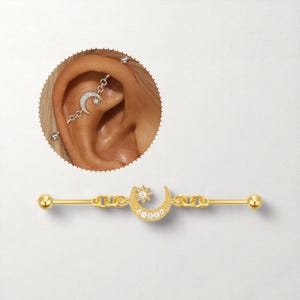 Crescent Moon Industrial Bar • Titanium Cartilage Piercing • Hypoallergenic Jewelry • Stylish Earring • Gift for Her