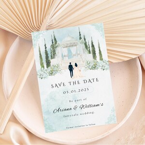Cartes "Retenez cette date" minimalistes menthe pastel, design élégant, modèle Canva entièrement modifiable, invitation au design moderne, personnalisable.