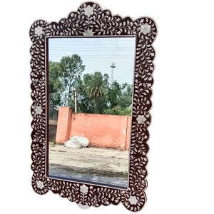 Floral Bone Inlay Wall Mirror: Handmade Waterfall Wood Frame