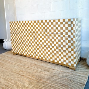 Handmade Bone Inlay Chest of Drawers: Almond Checkered 7-Drawer Dresser