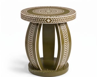 Comodino rotondo con intarsi in osso realizzati a mano, tavolino d'appoggio geometrico a forma di foglia, mobili in legno verde oliva