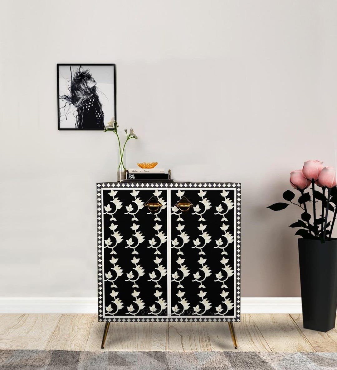 Statement Sideboard Bone Inlay Sideboard Black – Handmade Floral Cabinet, Luxury Storage ...