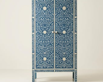 Armario con incrustaciones de hueso azul hecho a mano, armario de almacenamiento floral, mueble de lujo con incrustaciones de hueso, armario para dormitorio.