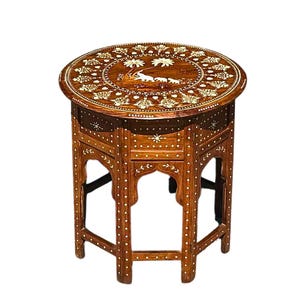 Vintage Wood Inlaid Elephant Table – Handmade Side, Coffee & Traveling Table | Solid Wood Accent Table for Living Room