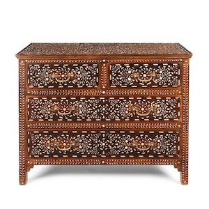 Handmade Bone Inlay Chest of Drawers: Teak Wood Mughal Dresser