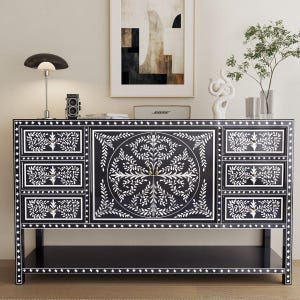 Bone Inlay Sideboard Cabinet: Handmade Indian Furniture, 2 Doors & 6 Drawers