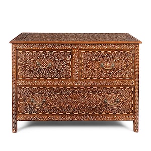Bone Inlay Teak Wood Chest of Drawers – Handmade Indian Dresser | Luxury Storage Cabinet