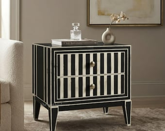 Handmade Black Bone Inlay Nightstand | 2 Drawer Bedside Table | Striped Bone Inlay End Table | Luxury Bedroom | Modern Accent Cabinet