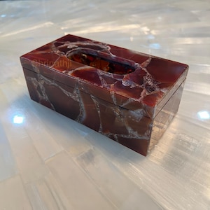 Roter Onyx Taschentücher Box - Luxuriöser Stein Taschentücher Halter | Natürliche Edelstein Wohnkultur, elegantes Badezimmerzubehör, handgemachtes Geschenk